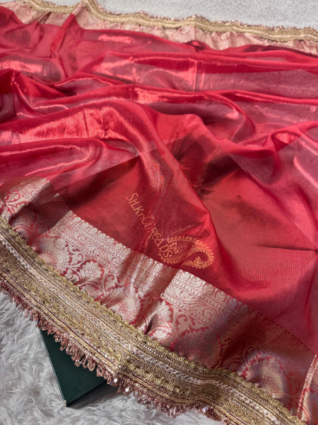 Premium Banarasi Tissue Silk Saree with Hand Work Blouse and Designer Lace