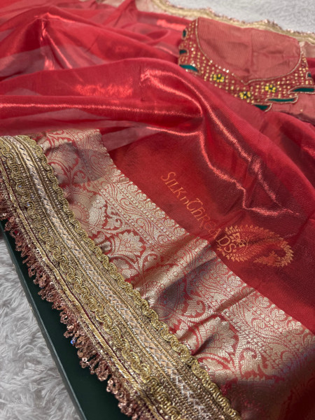 Premium Banarasi Tissue Silk Saree with Hand Work Blouse and Designer Lace