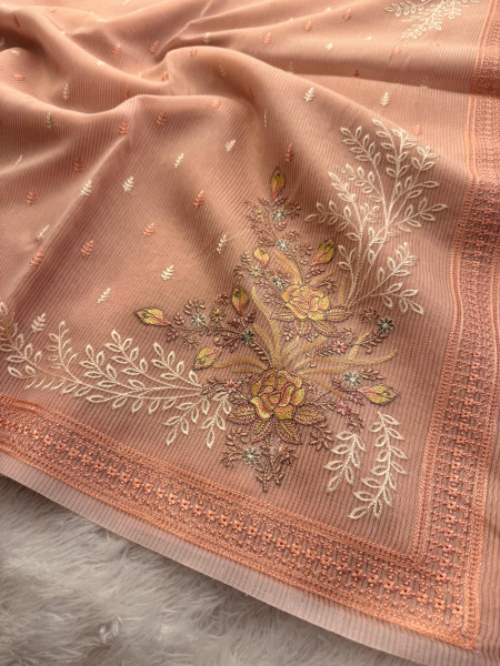 Premium Tissue Banswara Silk Resham Embroidery Work Saree With Designer Embroidery Pallu
