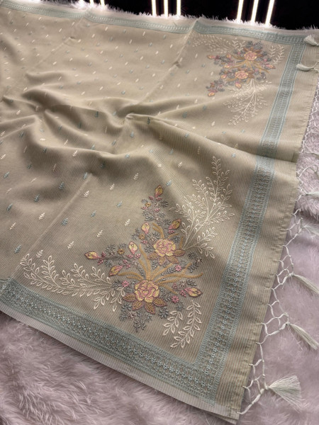 Premium Tissue Banswara Silk Resham Embroidery Work Saree With Designer Embroidery Pallu