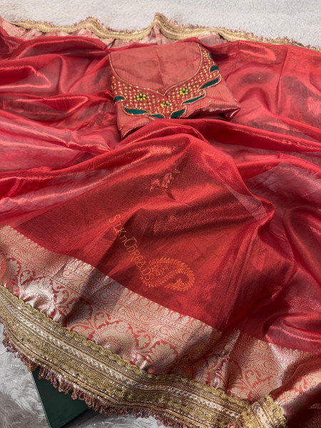 Premium Banarasi Tissue Silk Saree with Hand Work Blouse and Designer Lace