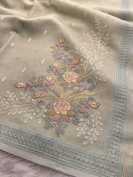 Premium Tissue Banswara Silk Resham Embroidery Work Saree With Designer Embroidery Pallu