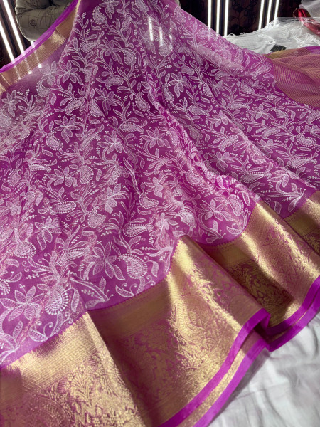 Organza Shimmer Chikankari Embroidery Saree