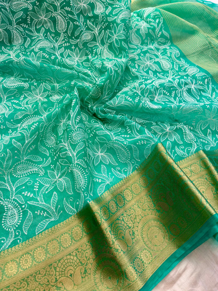 Organza Shimmer Chikankari Embroidery Saree