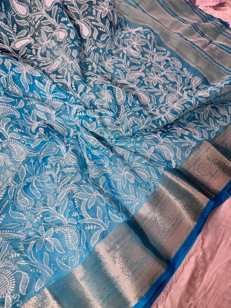 Organza Shimmer Chikankari Embroidery Saree