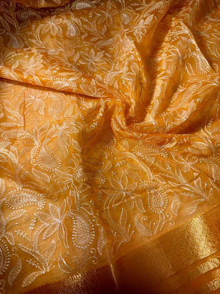 Organza Shimmer Chikankari Embroidery Saree