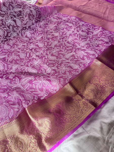 Organza Shimmer Chikankari Embroidery Saree