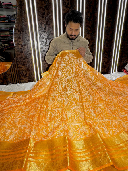 Organza Shimmer Chikankari Embroidery Saree