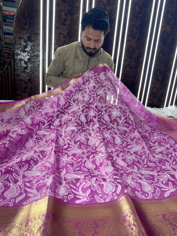 Image of Organza Shimmer Chikankari Embroidery Saree