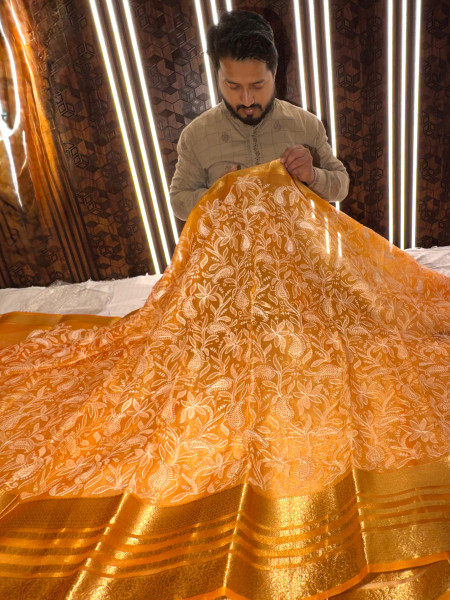 Organza Shimmer Chikankari Embroidery Saree