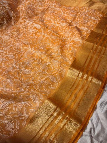 Organza Shimmer Chikankari Embroidery Saree
