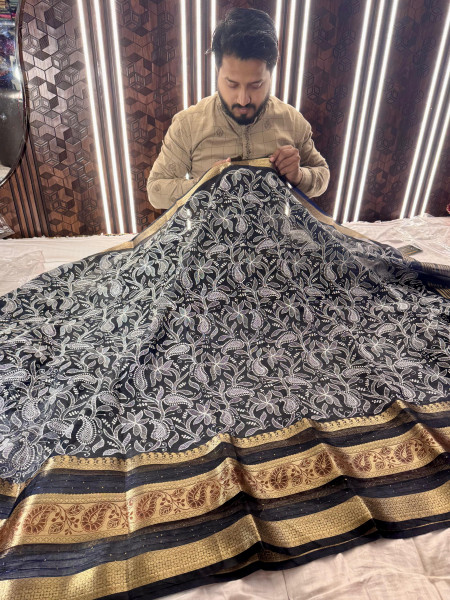 Organza Shimmer Chikankari Embroidery Saree