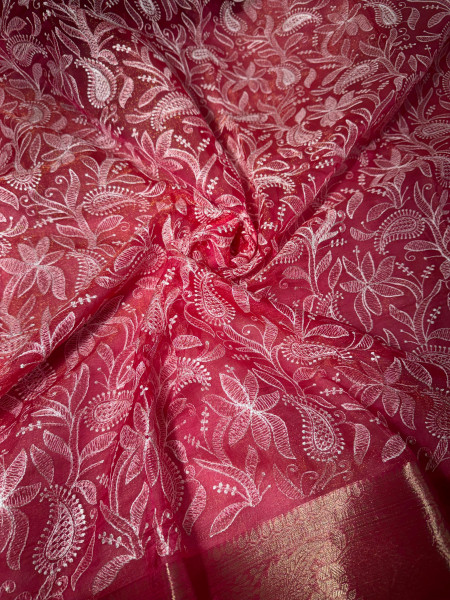 Organza Shimmer Chikankari Embroidery Saree