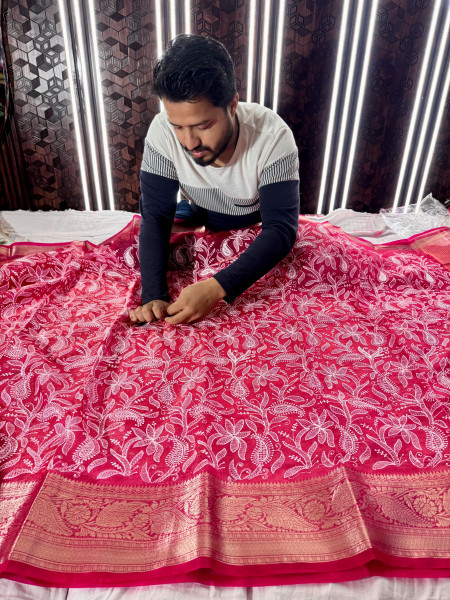 Organza Shimmer Chikankari Embroidery Saree