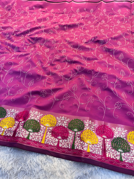 Banarasi Silk Resham Embroidery Work Saree With Tassels
