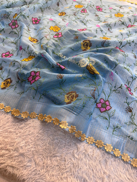 Kota Doria Checks Resham Embroidery Saree with Resham Lace