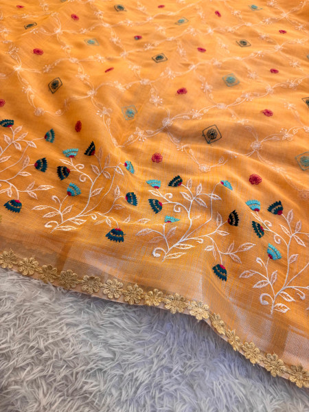 Kota Doria Checks Resham Embroidery Saree with Resham Lace