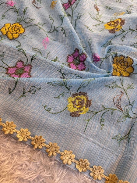 Kota Doria Checks Resham Embroidery Saree with Resham Lace