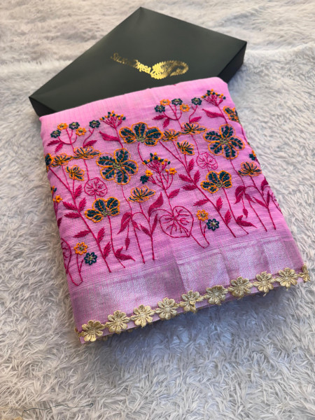 Kota Doria Checks Resham Embroidery Saree with Resham Lace