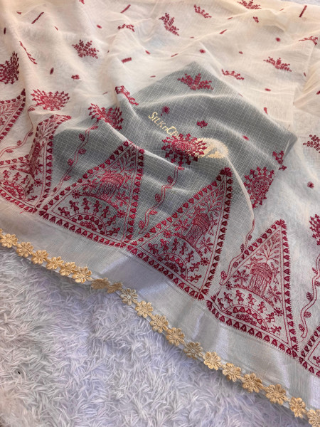 Kota Doria Checks Resham Embroidery Saree with Resham Lace