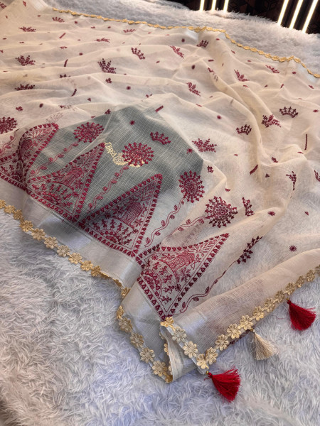 Kota Doria Checks Resham Embroidery Saree with Resham Lace