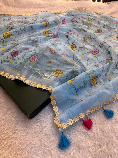 Kota Doria Checks Resham Embroidery Saree with Resham Lace