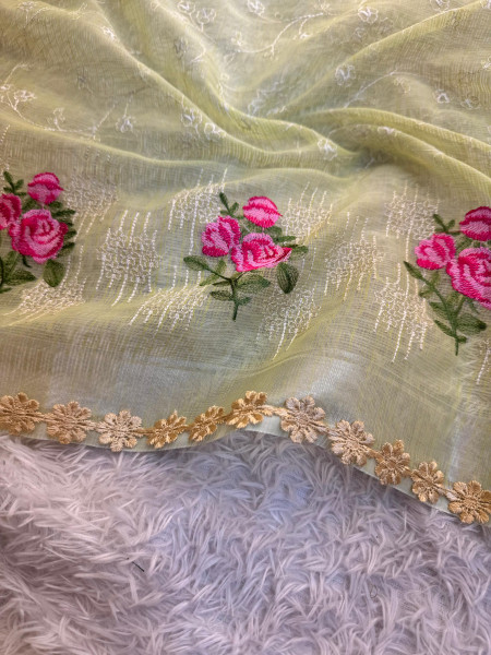 Kota Doria Checks Resham Embroidery Saree with Resham Lace