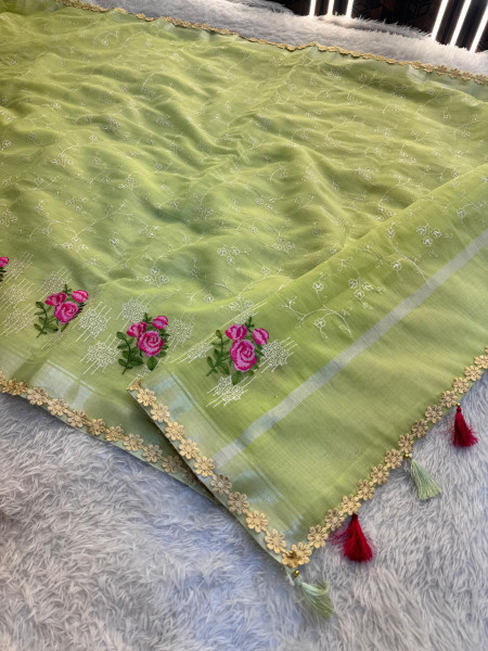 Kota Doria Checks Resham Embroidery Saree with Resham Lace