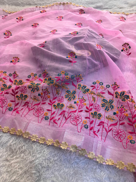 Kota Doria Checks Resham Embroidery Saree with Resham Lace