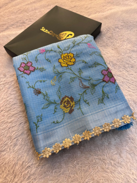 Kota Doria Checks Resham Embroidery Saree with Resham Lace