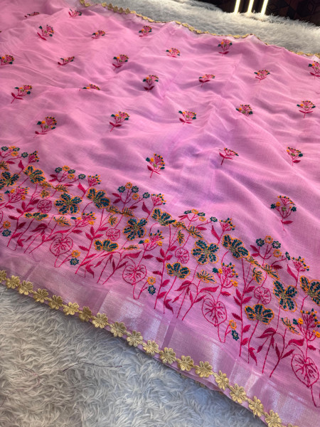 Kota Doria Checks Resham Embroidery Saree with Resham Lace