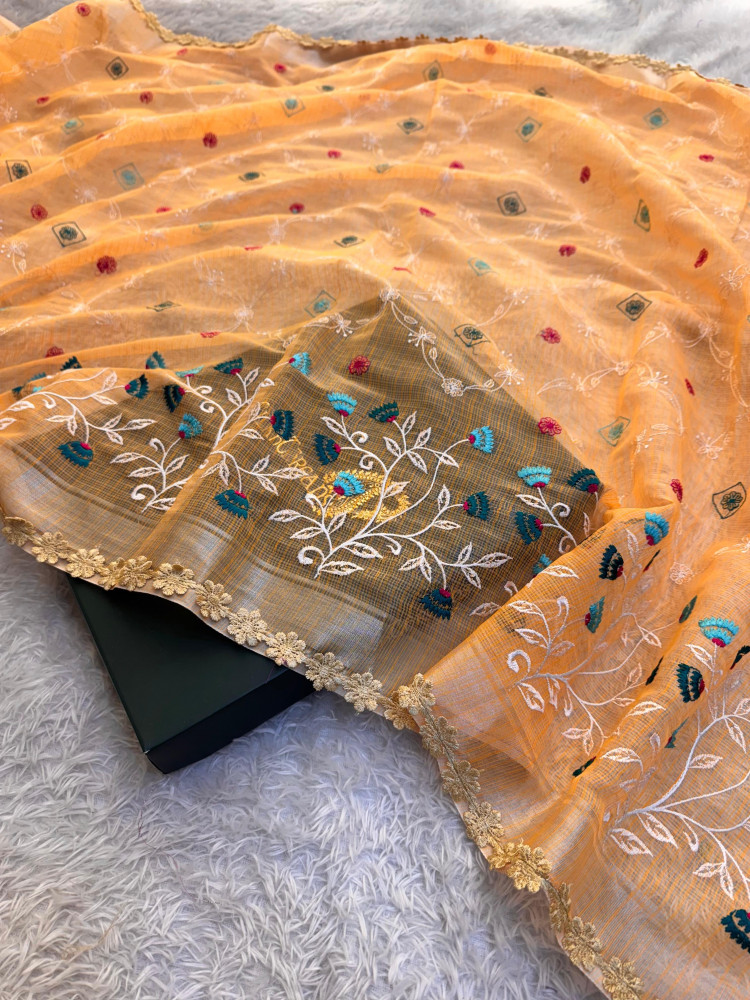 Image of Kota Doria Checks Resham Embroidery Saree with Resham Lace