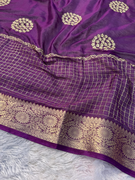 Premium Chiffon Silk Resham Embroidery Work Saree With Latkans