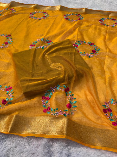 Premium Chiffon Silk Resham Embroidery Work Saree With Latkans