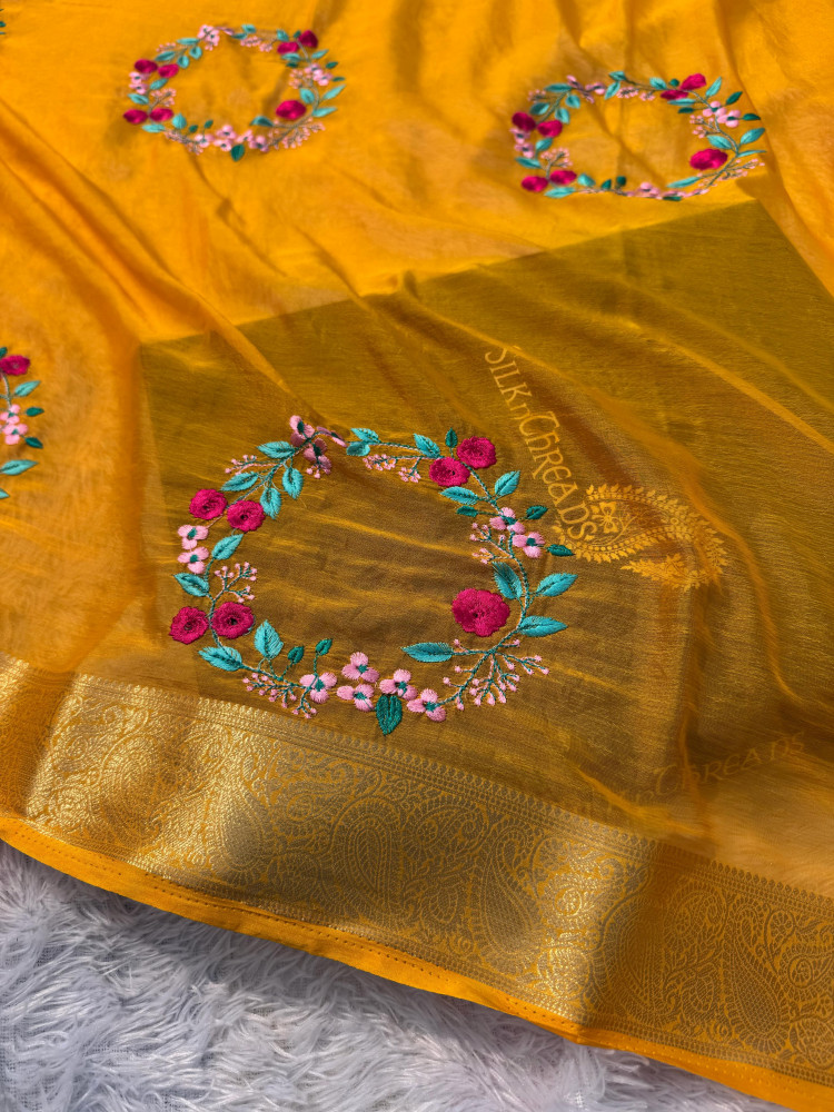 Image of Premium Chiffon Silk Resham Embroidery Work Saree With Latkans