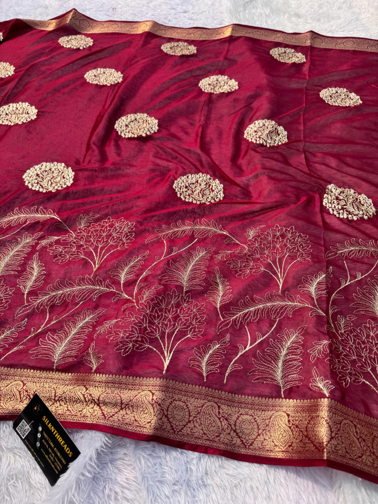 Image of Premium Chiffon Silk Resham Embroidery Work Saree With Latkans