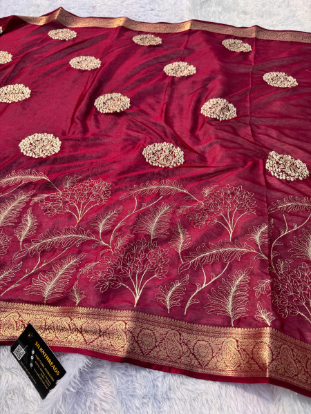Premium Chiffon Silk Resham Embroidery Work Saree With Latkans