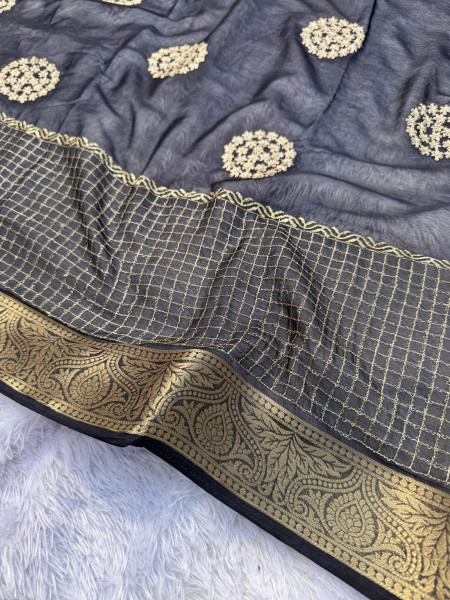 Premium Chiffon Silk Resham Embroidery Work Saree With Latkans