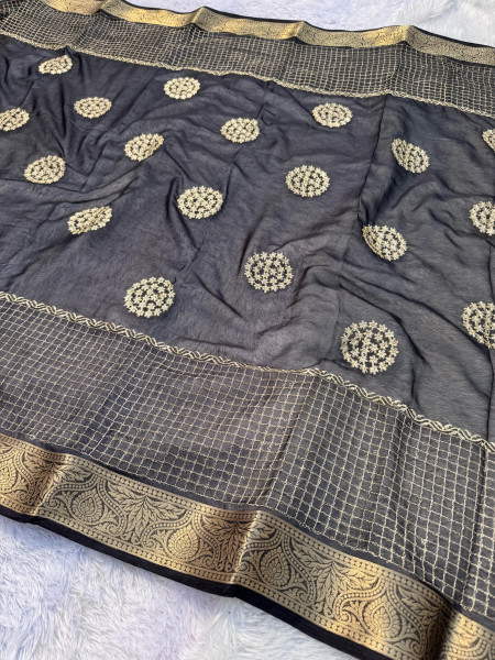 Premium Chiffon Silk Resham Embroidery Work Saree With Latkans