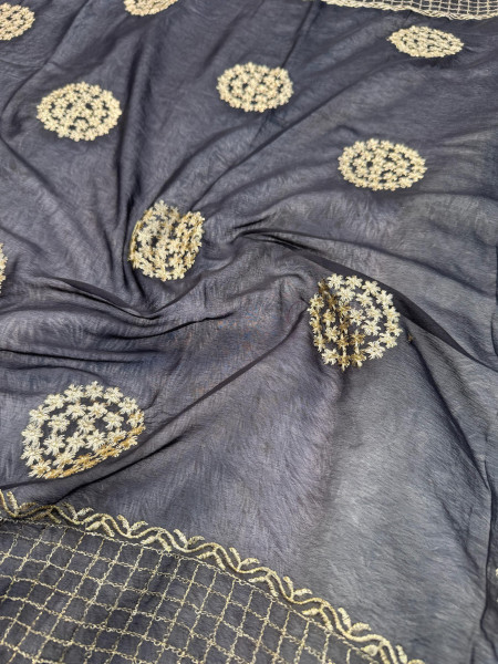 Premium Chiffon Silk Resham Embroidery Work Saree With Latkans