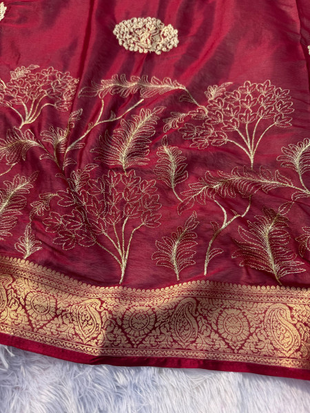Premium Chiffon Silk Resham Embroidery Work Saree With Latkans