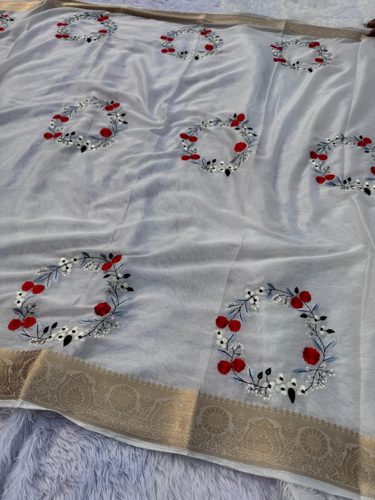 Image of Premium Chiffon Silk Resham Embroidery Work Saree With Latkans