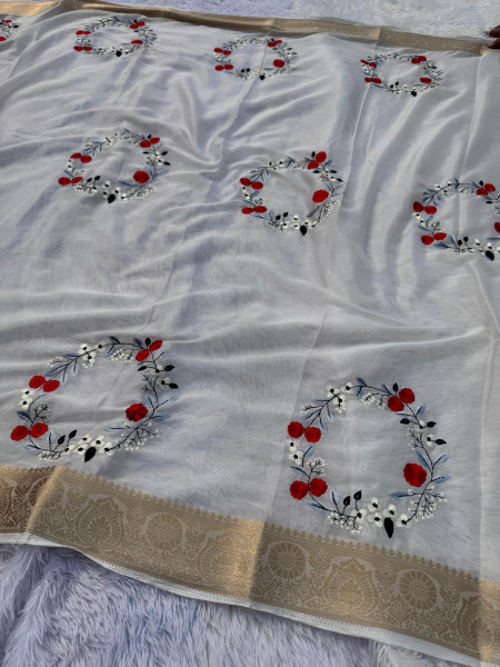 Premium Chiffon Silk Resham Embroidery Work Saree With Latkans