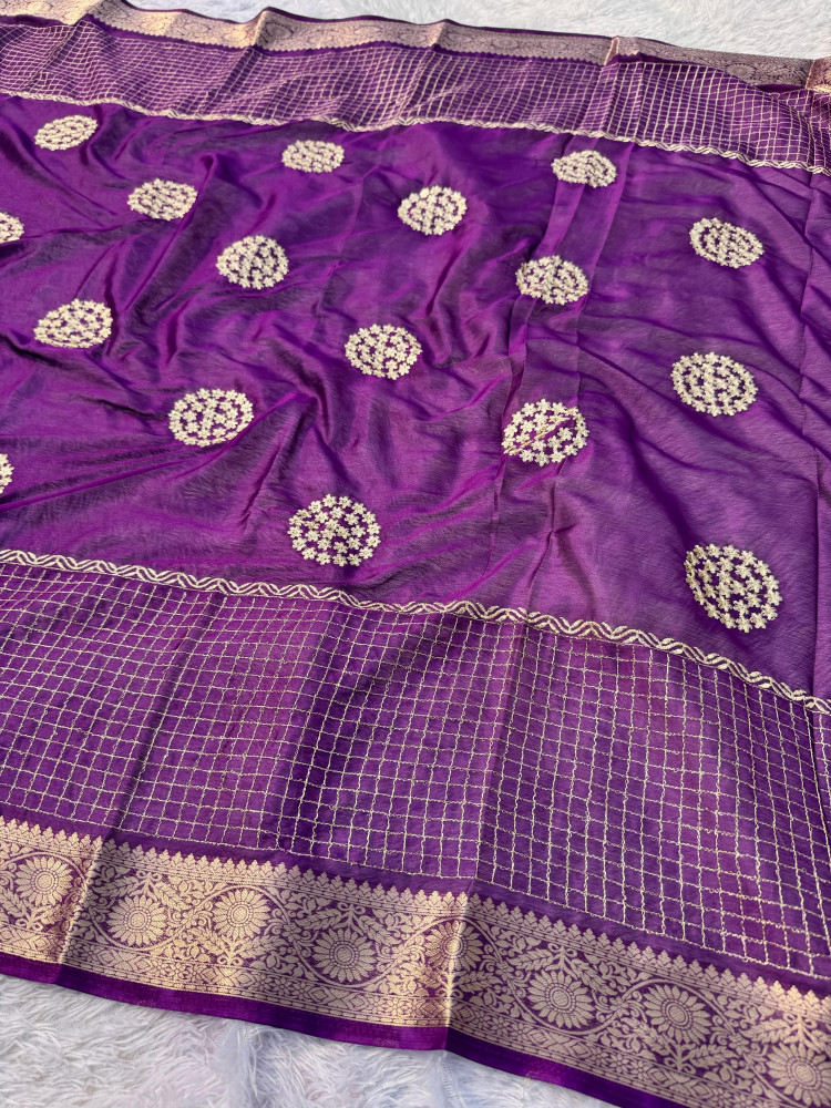 Image of Premium Chiffon Silk Resham Embroidery Work Saree With Latkans