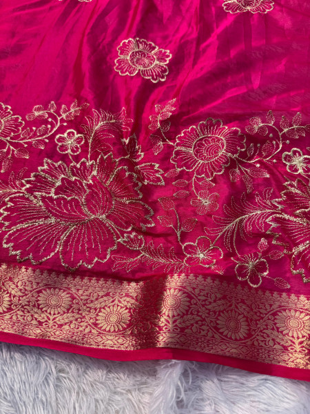Premium Chiffon Silk Resham Embroidery Work Saree With Latkans