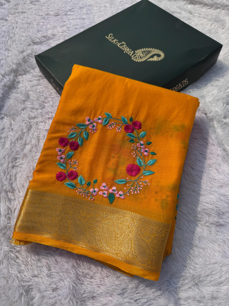 Premium Chiffon Silk Resham Embroidery Work Saree With Latkans