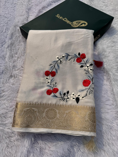 Premium Chiffon Silk Resham Embroidery Work Saree With Latkans