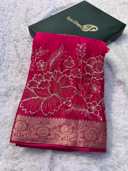 Premium Chiffon Silk Resham Embroidery Work Saree With Latkans