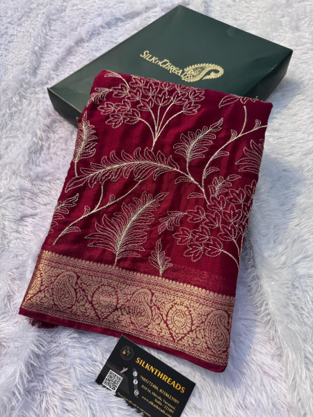 Premium Chiffon Silk Resham Embroidery Work Saree With Latkans