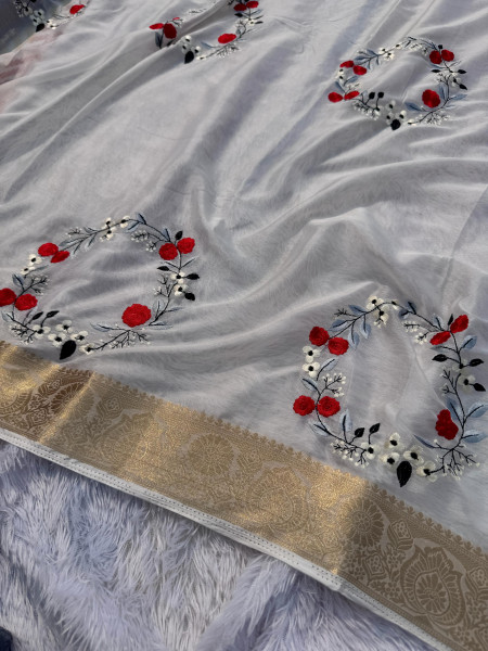 Premium Chiffon Silk Resham Embroidery Work Saree With Latkans